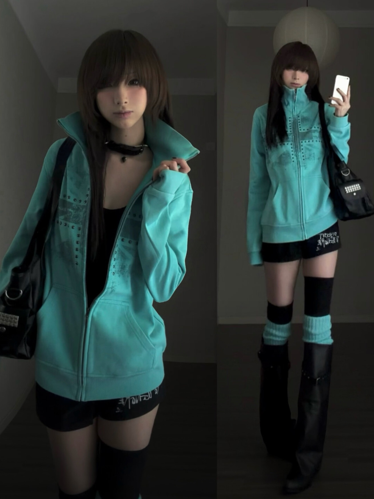 Vintage Windbreaker Nylon - Sudadera con capucha verde menta estampada